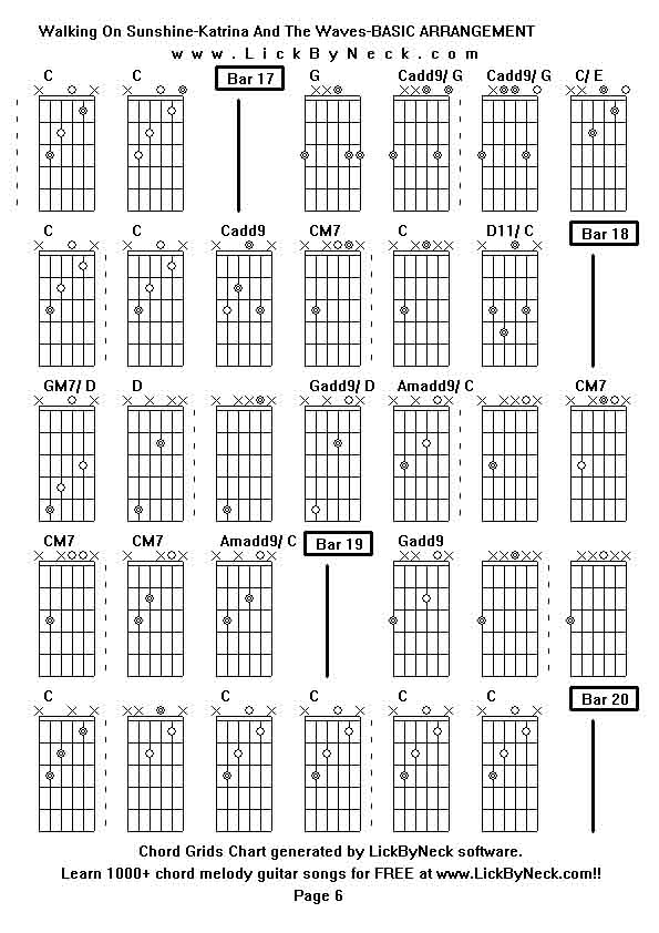 Chord Grids Chart of chord melody fingerstyle guitar song-Walking On Sunshine-Katrina And The Waves-BASIC ARRANGEMENT,generated by LickByNeck software.